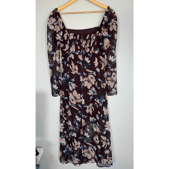 Abercrombie & Fitch Brown Emerson Long Sleeve Sheer Floral Midi Dress Sz Medium - Picture 6 of 8